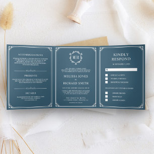 Invitation Trois Volets Élégant classique Dusty Blue Monogram Mariage