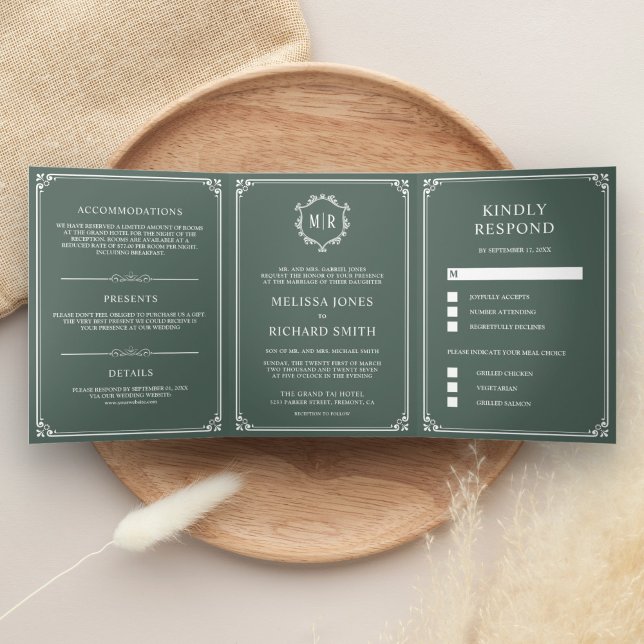 Invitation Trois Volets Élégant classique Dusty Green Monogram Mariage (Créateur téléchargé)