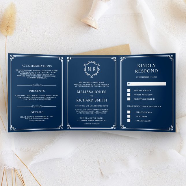 Invitation Trois Volets Élégant Classique Mariage Monogramme Bleu Nuit (Créateur téléchargé)