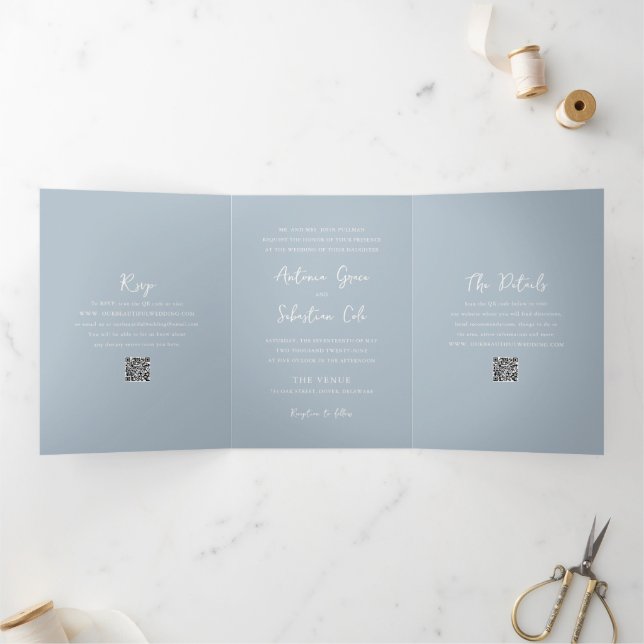 Invitation Trois Volets Élégant code QR bleu poudre mariage moderne (Intérieur)