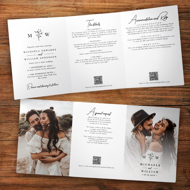 Invitation Trois Volets Élégant Code QR de Mariage Tout-en-Un Botanique (Créateur téléchargé)