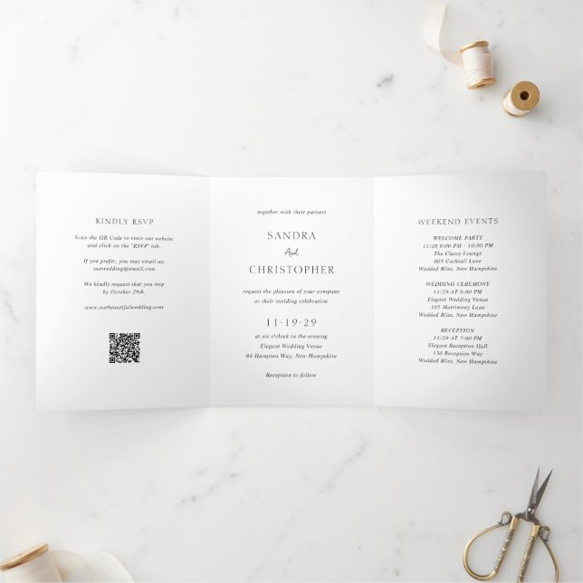 Invitation Trois Volets Élégant code QR noir et blanc pour mariage moderne (Intérieur)