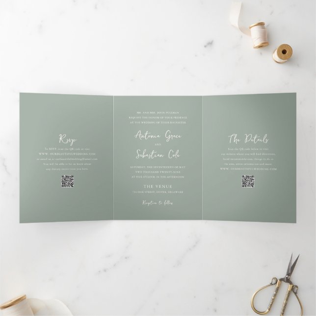 Invitation Trois Volets Élégant code QR vert sauge mariage moderne (Intérieur)