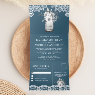 Invitation Trois Volets Elégant Dusty Blue Floral Mason Jar Lace Mariage
