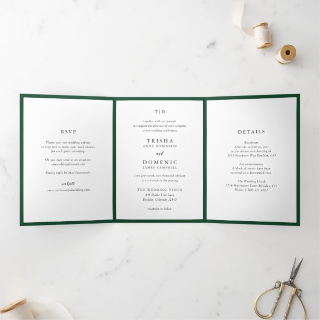 Invitation Trois Volets Élégant Emerald Green Monogram Mariage moderne (Intérieur)