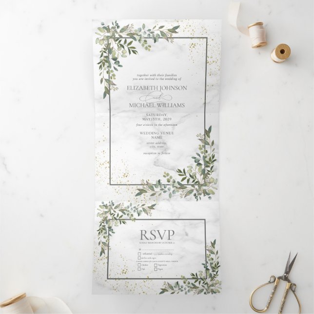 Invitation Trois Volets Elégant Eucalyptus Vert Marbre Or Photo (Intérieur)