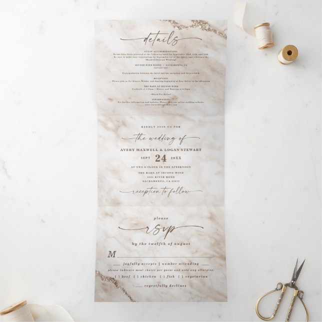 Invitation Trois Volets Elégant marbre blanc beige avec Mariage à huile (Intérieur)