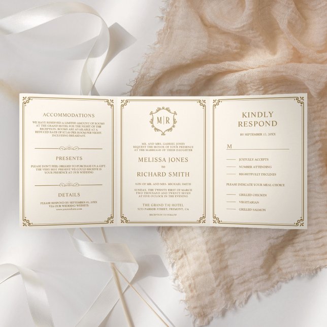 Invitation Trois Volets Élégant Mariage Classique Crème et Or Monogramme (Créateur téléchargé)