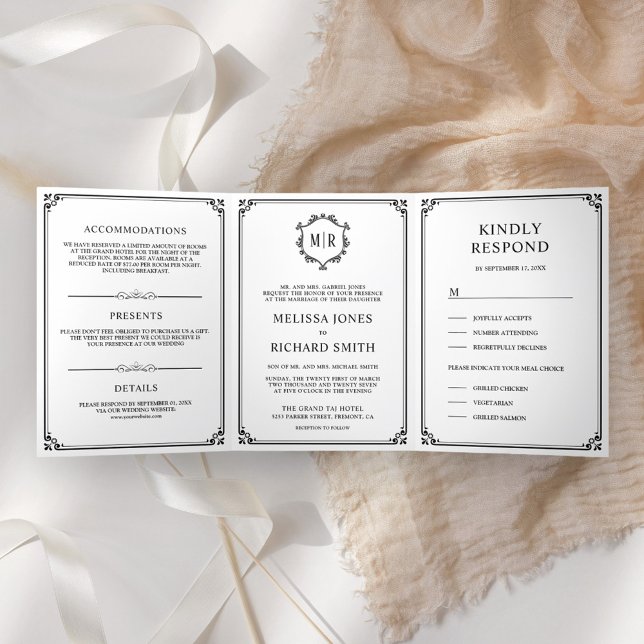 Invitation Trois Volets Élégant Mariage classique noir et blanc (Créateur téléchargé)