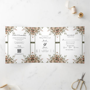 Invitation Trois Volets Élégant mariage de coin floral vert olive et blanc