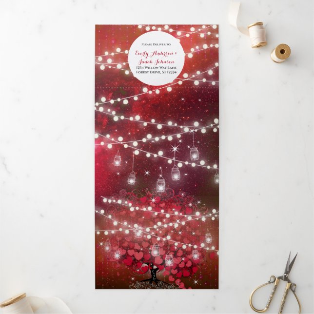 Invitation Trois Volets Élégant Mariage de feuille de coeur rouge et noir (Extérieur)