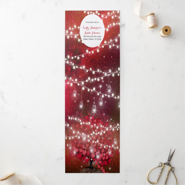 Invitation Trois Volets Élégant Mariage de feuille de coeur rouge et noir (Extérieur)