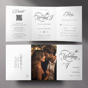 Invitation Trois Volets Élégant Mariage de script de charme noir et blanc