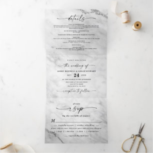 Invitation Trois Volets Élégant Mariage en Marbre Blanc avec Feuille d'Arg