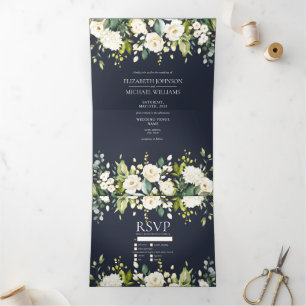Invitation Trois Volets Elégant Mariage floral bleu et blanc