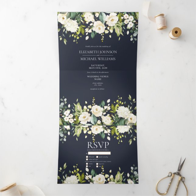 Invitation Trois Volets Elégant Mariage floral bleu et blanc (Intérieur)