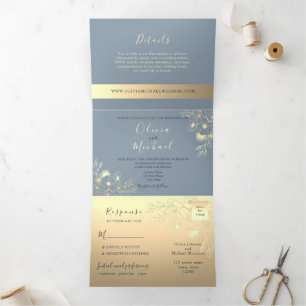Invitation Trois Volets Élégant mariage floral or et bleu poussiéreux