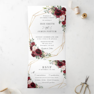 Invitation Trois Volets Elégant Mariage floral rose Burgundy RSVP
