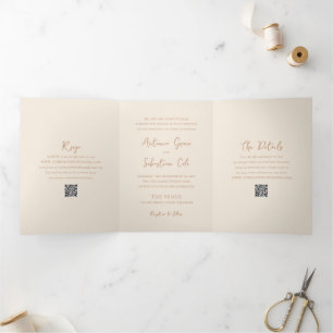 Invitation Trois Volets Élégant Mariage Neutre Terreux Code QR Moderne