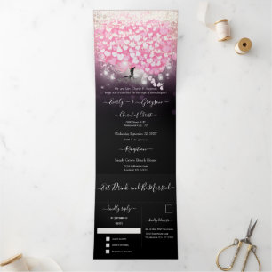 Invitation Trois Volets Élégant Mariage Pink and Black Heart Leaf