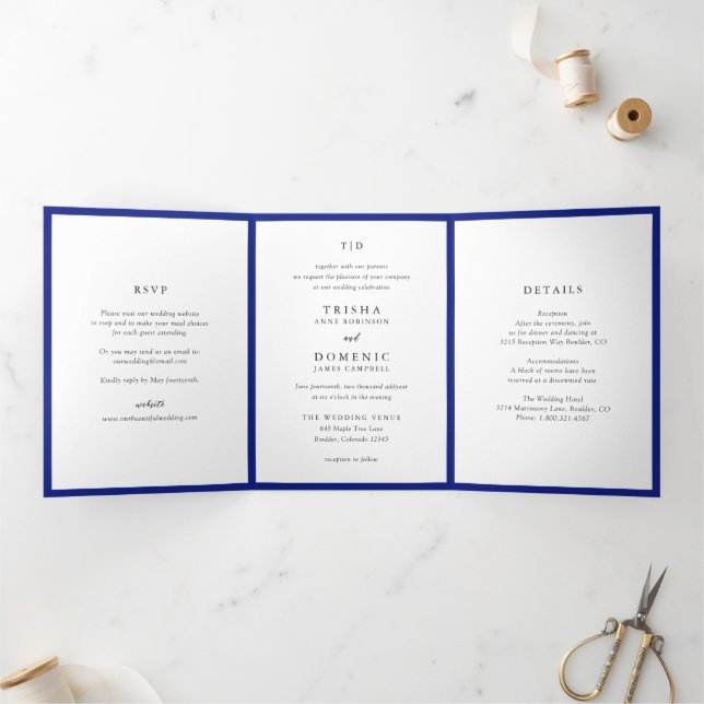 Invitation Trois Volets Élégant Monogramme Bleu Royal Mariage Moderne (Intérieur)