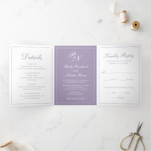 Invitation Trois Volets Élégant Monogramme photo Dusty violet Mariage offi