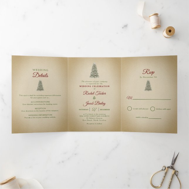 Invitation Trois Volets Élégant Noël Arbre Mariage d'hiver (Intérieur)