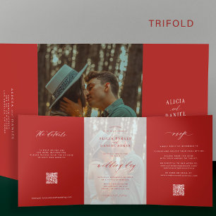 Invitation Trois Volets Élégant Noël simple rouge photo mariage RSVP QR