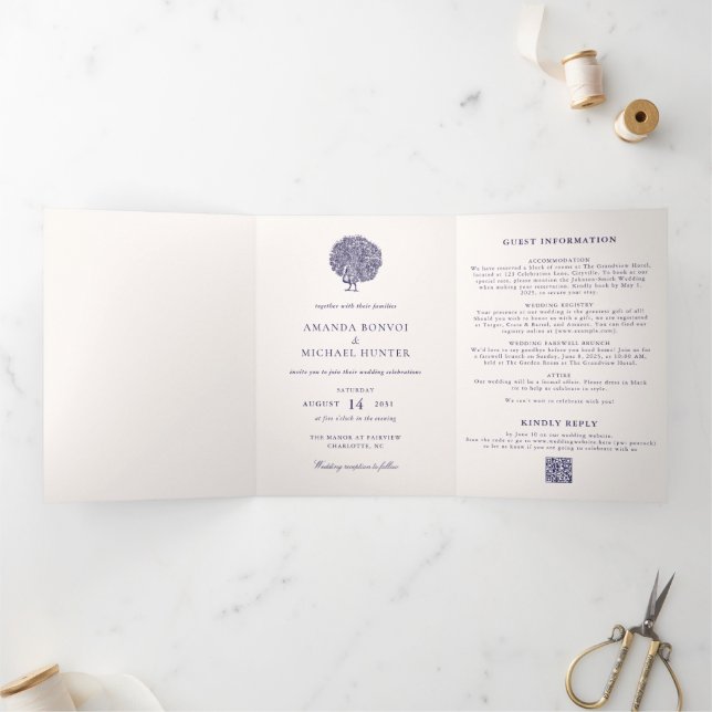 Invitation Trois Volets Élégant Peacock Vintage Midnight Blue Mariage (Intérieur)