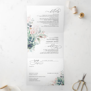 Invitation Trois Volets Elégant Rose Gold Succulents Mariage de verdure