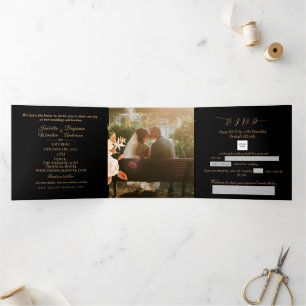 Invitation Trois Volets Élégant Rose or Mariage noir