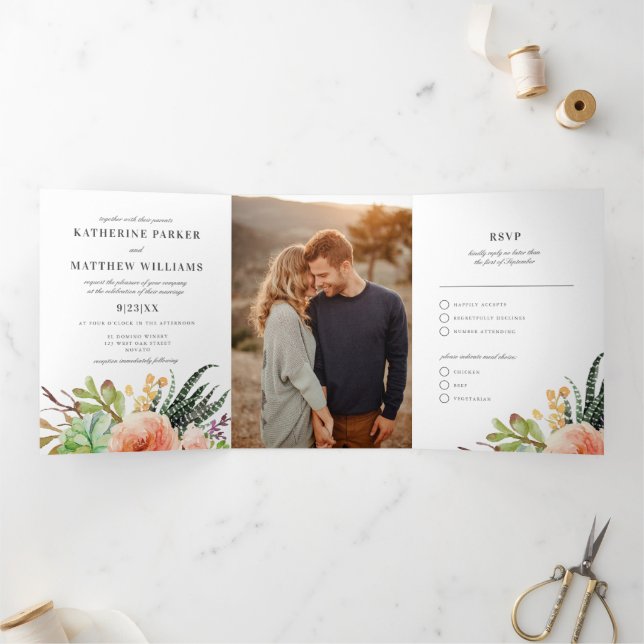 Invitation Trois Volets Élégant Rose tout-en-un Mariage (Intérieur)