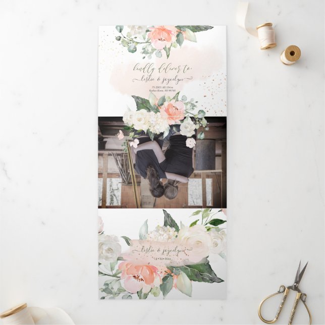 Invitation Trois Volets Elégant Rustic Blush Cream Roses d'aquarelle (Extérieur)