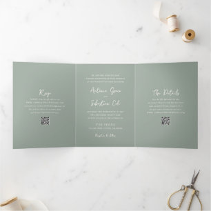 Invitation Trois Volets Élégant Sage Green QR Code moderne Mariage