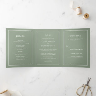 Invitation Trois Volets Élégant Sage Vert Monogramme Simple Mariage
