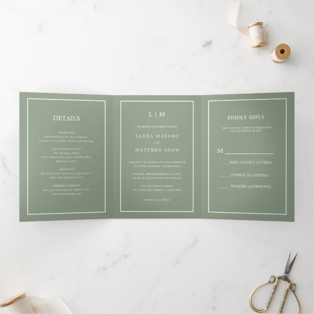Invitation Trois Volets Élégant Sage Vert Monogramme Simple Mariage (Intérieur)