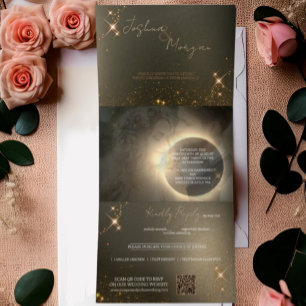 Invitation Trois Volets Élégant Sepia Solar Eclipse Mariage photo personna