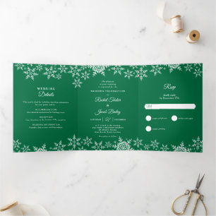 Invitation Trois Volets Élégant Snowflakes Green Noël Mariage d'hiver