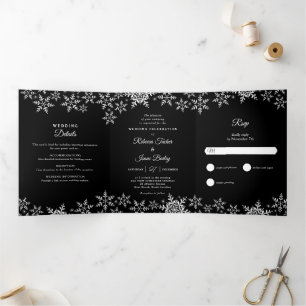 Invitation Trois Volets Élégant Snowflakes Noir & Blanc Mariage d'hiver