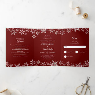 Invitation Trois Volets Élégant Snowflakes Rouge Noël Mariage d'hiver