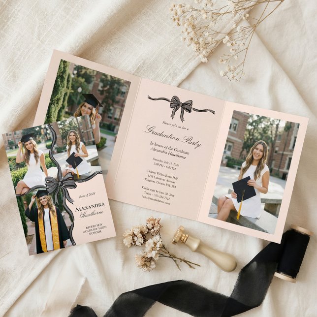Invitation Trois Volets Elegant Stylish Black Bow Ribbon Photo Graduation (Elegant Stylish Black Bow Ribbon Photo Graduation Tri-Fold Invitation)