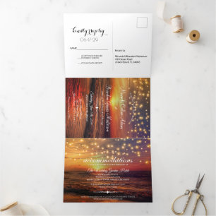Invitation Trois Volets Elégant Sunset Beach String Lights Mariage été
