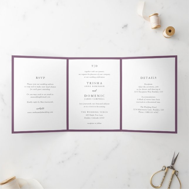 Invitation Trois Volets Élégant violet monogramme Mariage moderne (Intérieur)