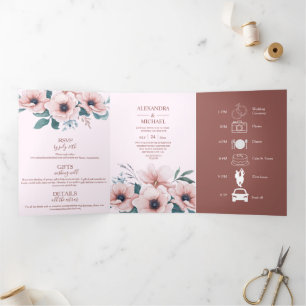 Invitation Trois Volets Elégante aquarelle Blush Dusty Rose Mariage floral