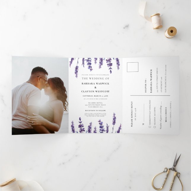 Invitation Trois Volets Élégante lavande fleurie Tout en un mariage (Intérieur)
