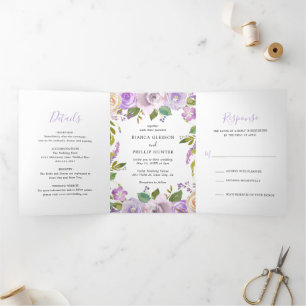 Invitation Trois Volets Élégante Mariage Floral Aquarelle Lilas