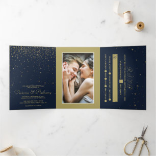 Invitation Trois Volets Elégante Marine & Gold Falling Stars Mariage Suite
