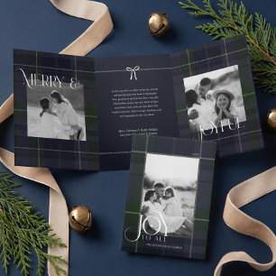 Invitation Trois Volets Élégante photo de famille Noël carreaux vert marin