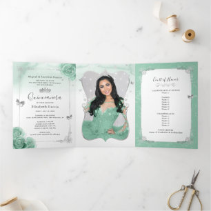Invitation Trois Volets Elégante photo Silver et Seafoam Green Quinceañera