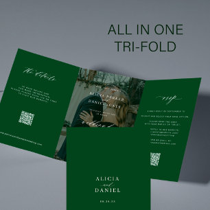 Invitation Trois Volets Elégante photo vert mariage RSVP détails QR code